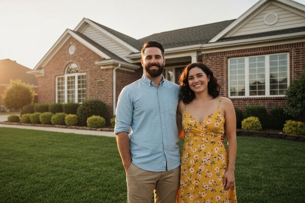 Family in front of new home