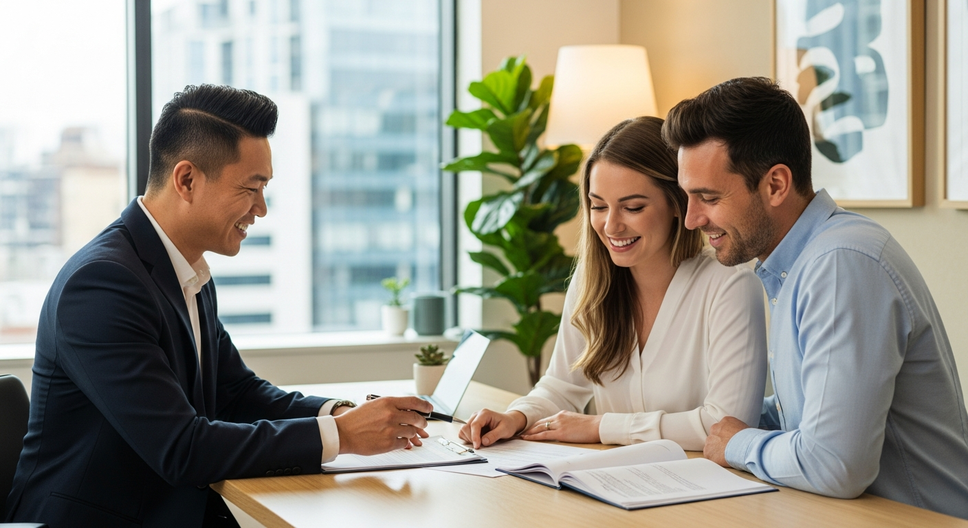 Mortgage broker consulting with first home buyer