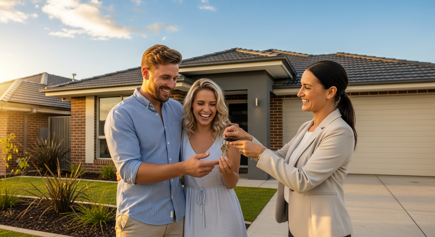 Happy family receiving keys to their first home