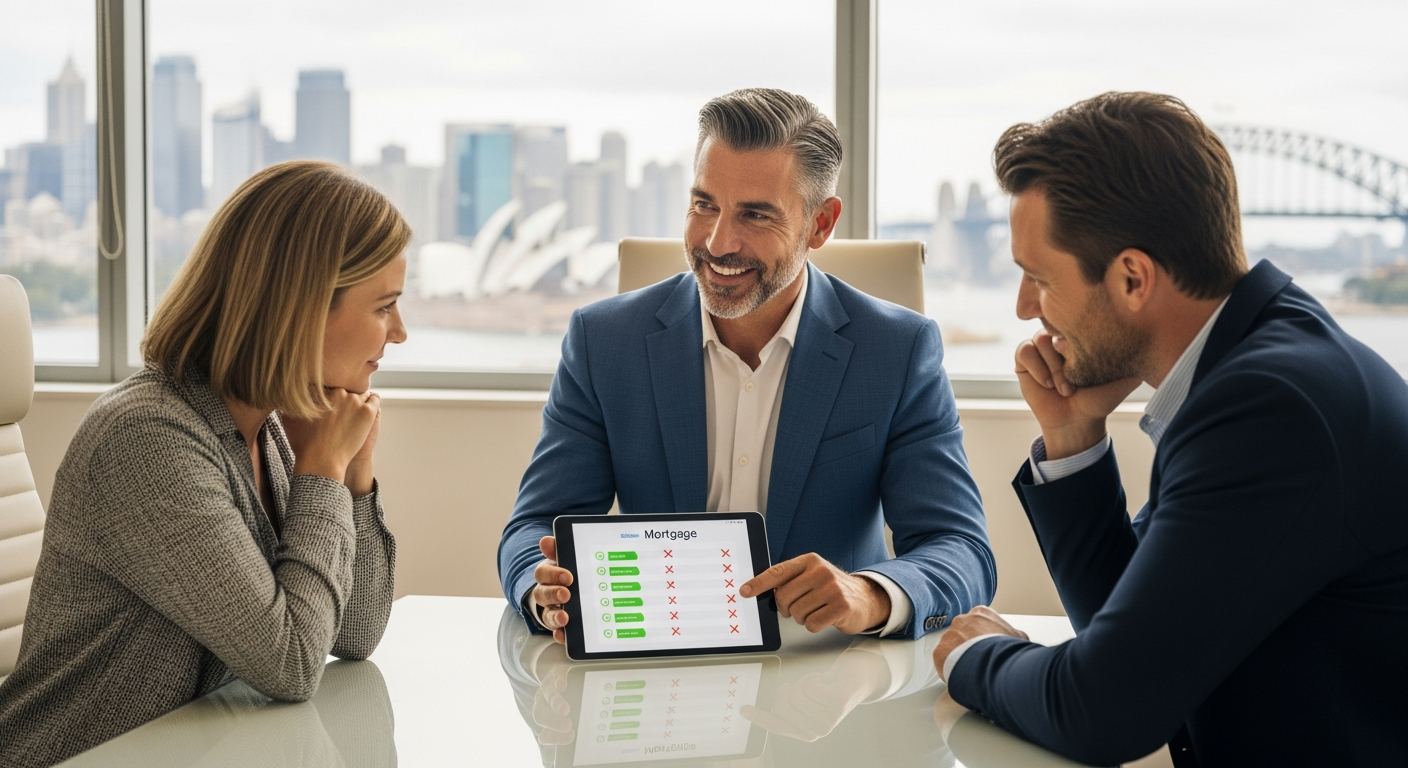 Finance broker reviewing a debt consolidation scenario comparison with a client in a professional consultation setting