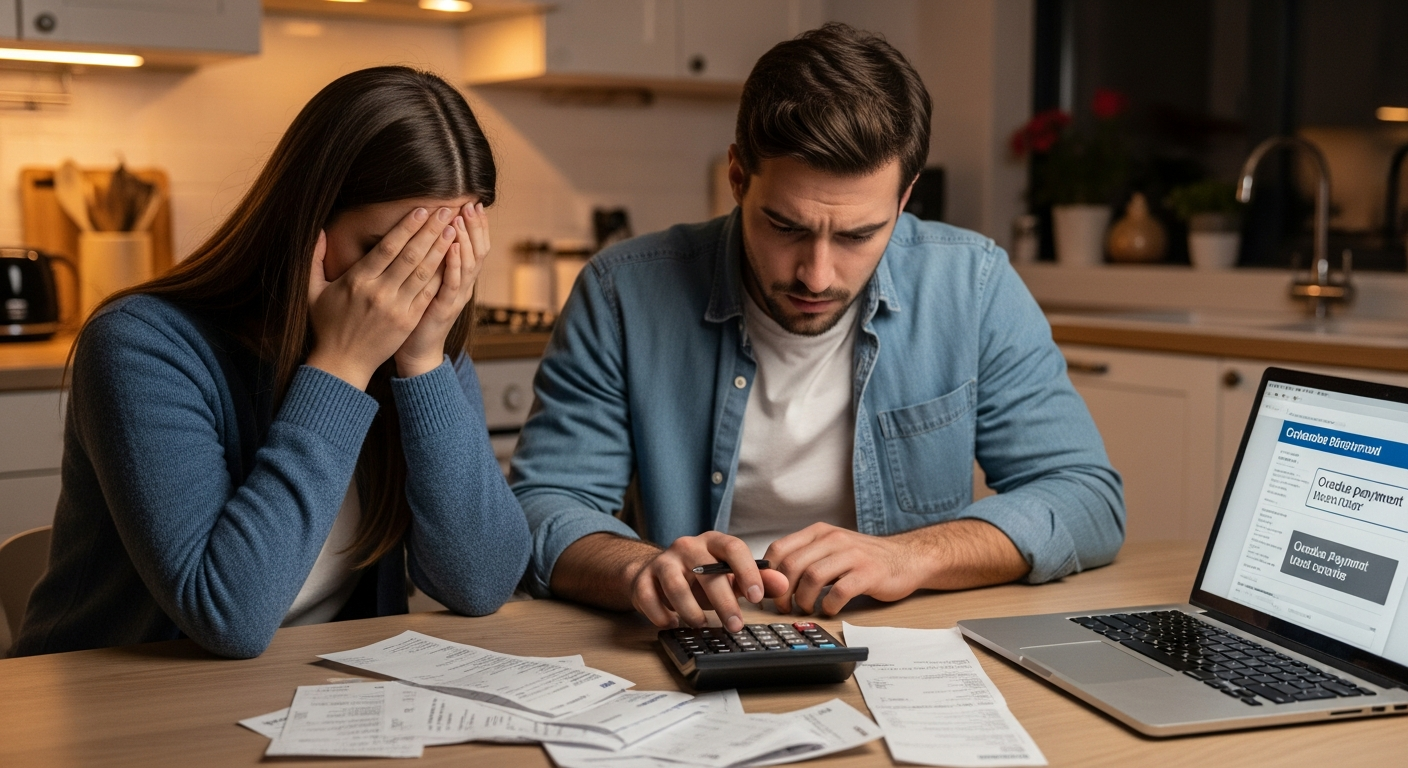Stressed person reviewing multiple debt statements and bills spread across a table — a common scenario before debt consolidation