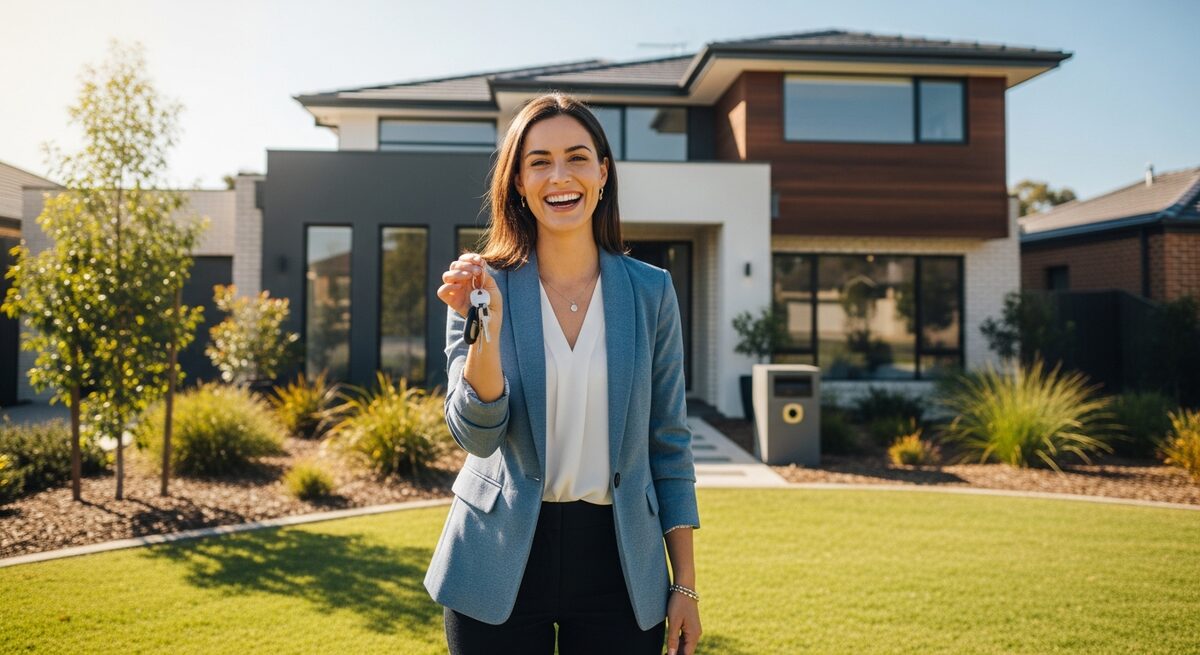 Happy professional holding keys to new home