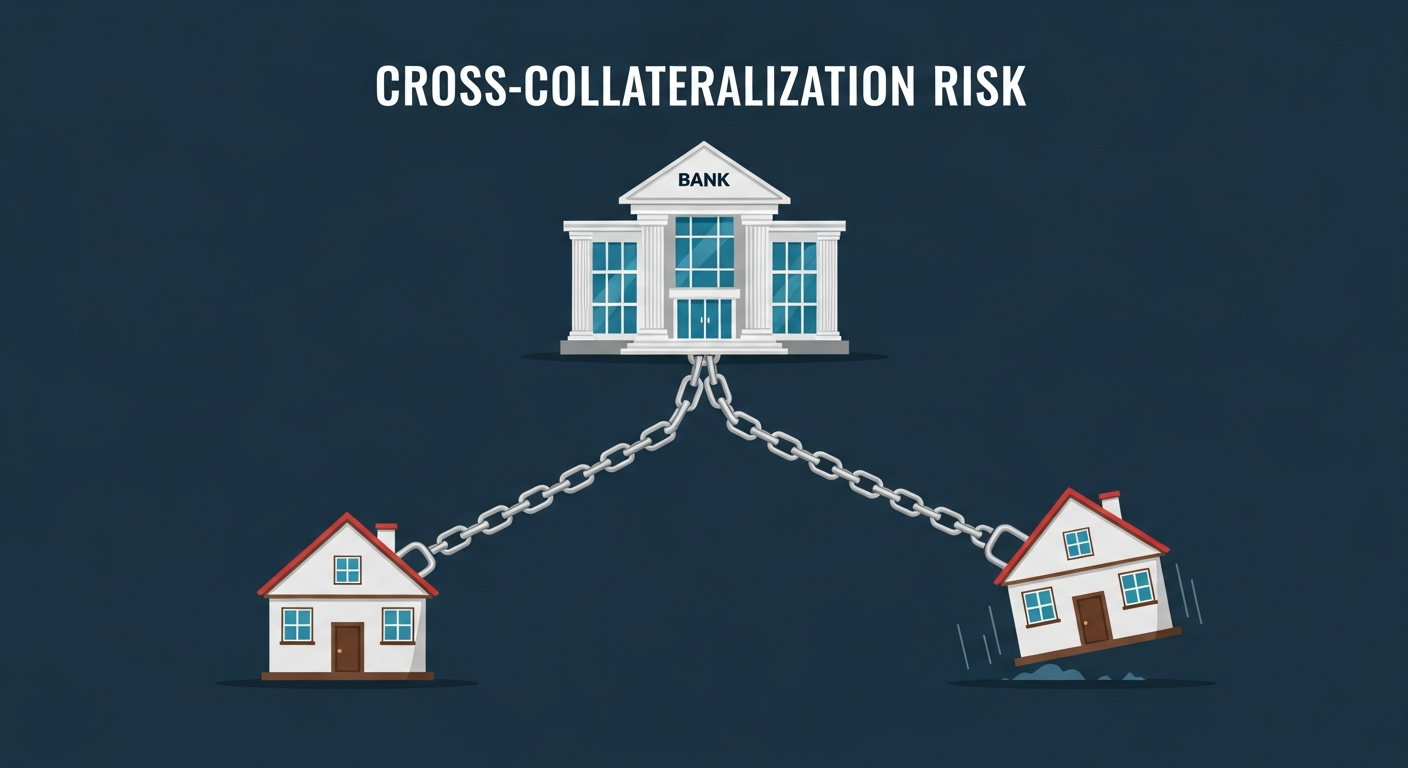 Cross-collateral risk diagram showing chained houses — when one falls, both fall