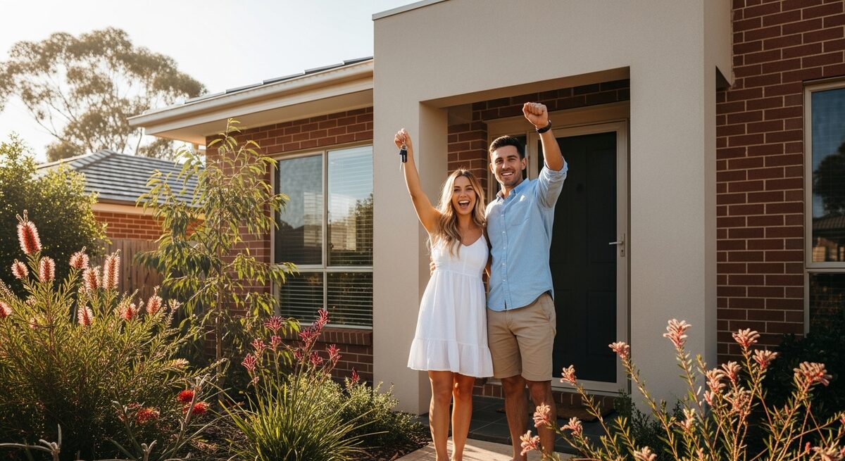 First home buyers celebrating with keys to their new home