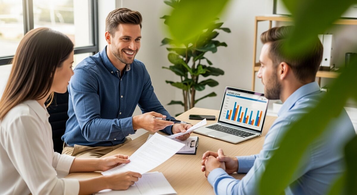 Mortgage broker explaining home loan options to young couple