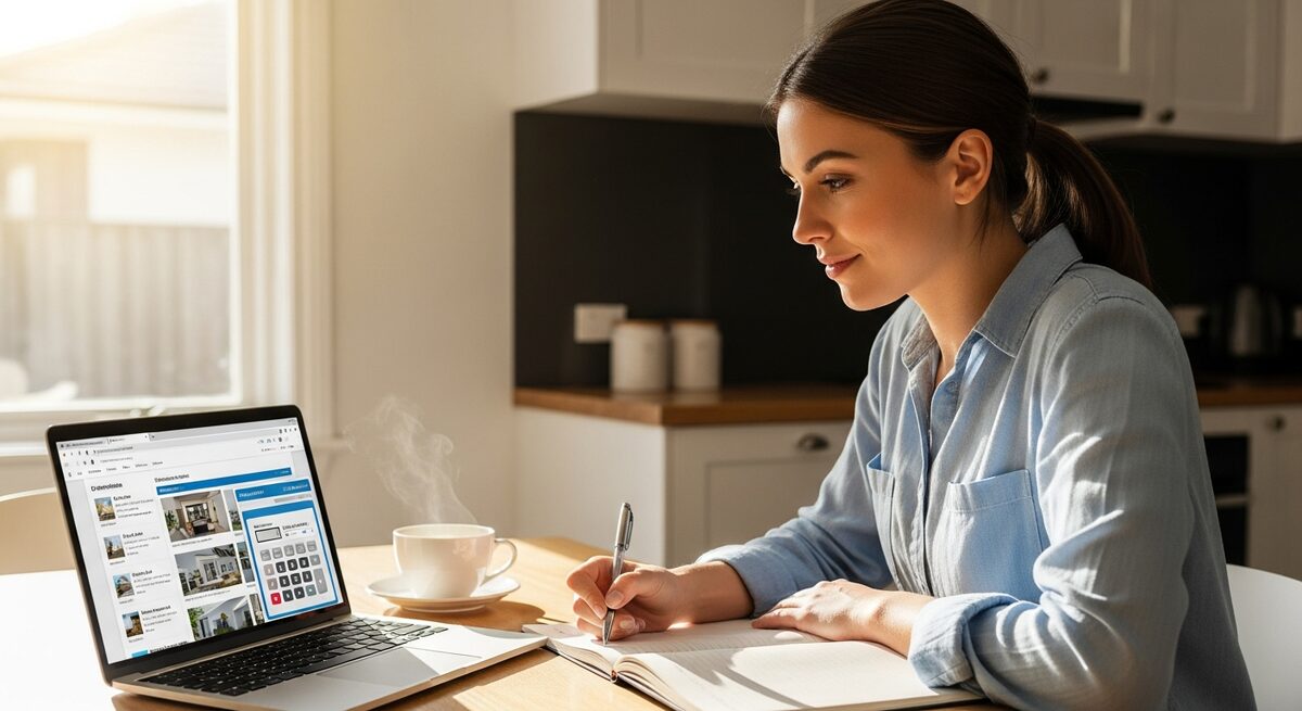 Young first home buyer planning on laptop