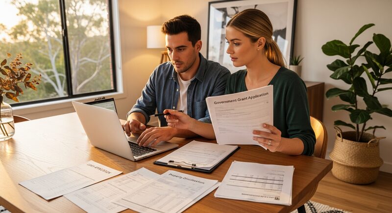 First home buyers discussing government schemes with mortgage broker
