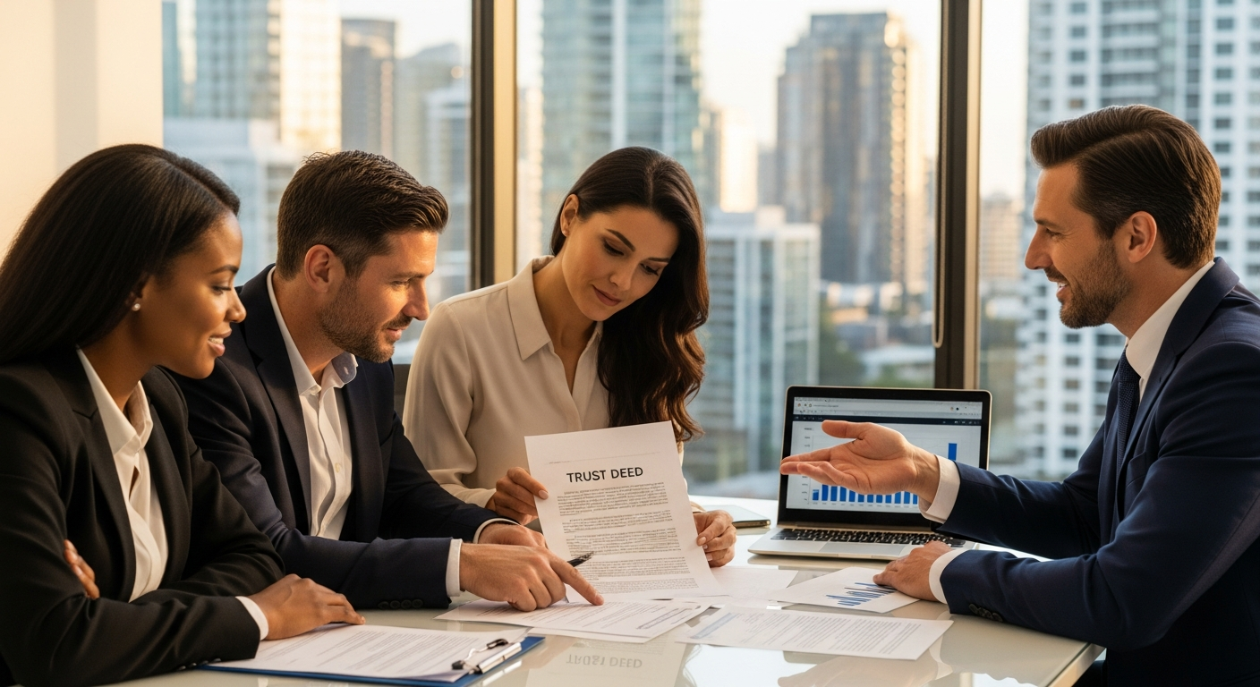 Trust home loan specialist reviewing trust documents with clients