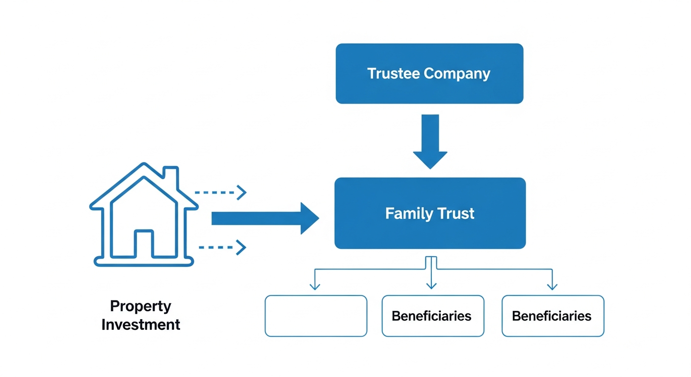Trust structure diagram showing trustee, beneficiaries, and trust deed relationships